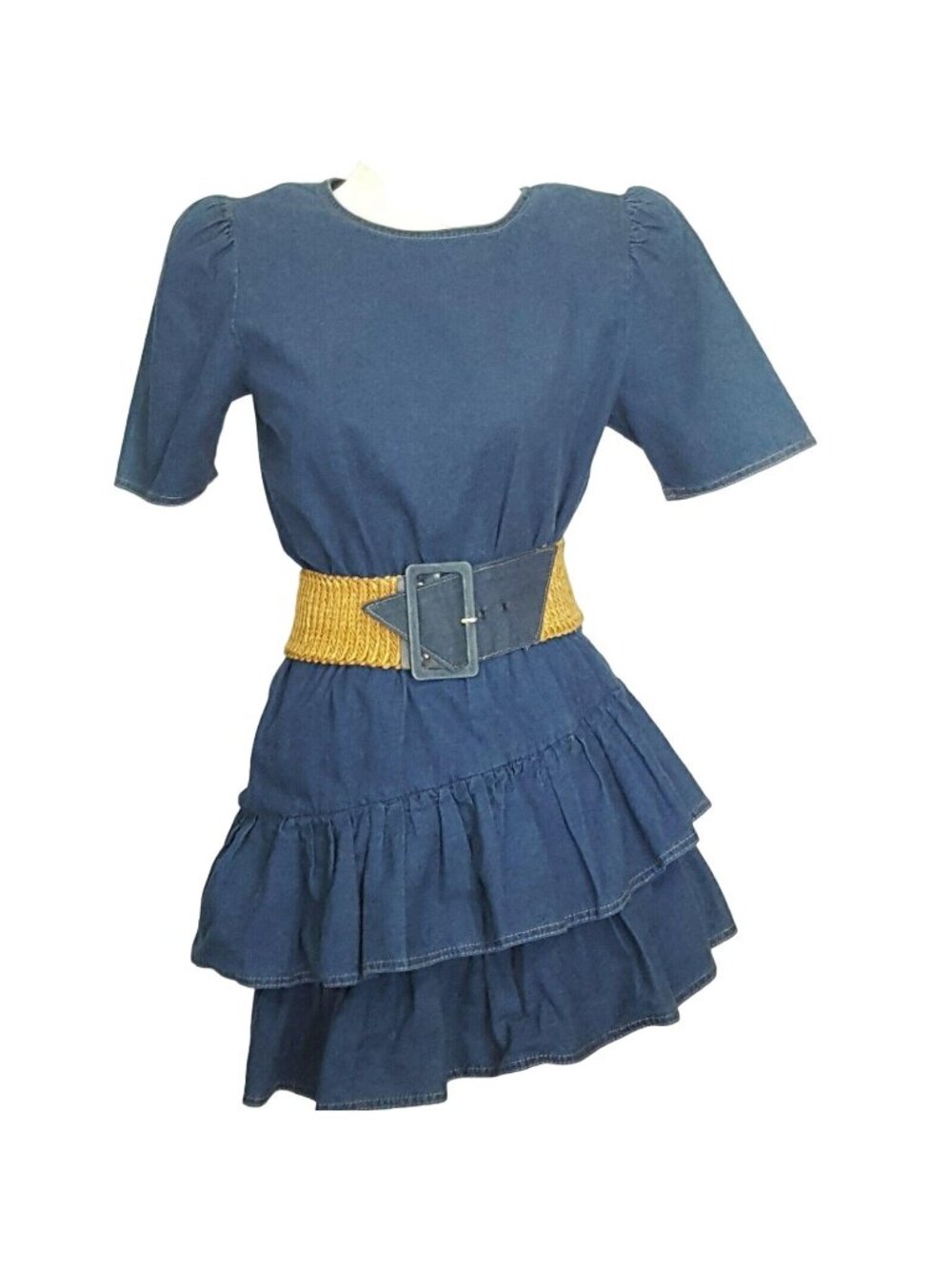 Go Vicki Vintage 80s Denim Dress M Western Tiered Ruffle Jute Belt Shoulder Pads